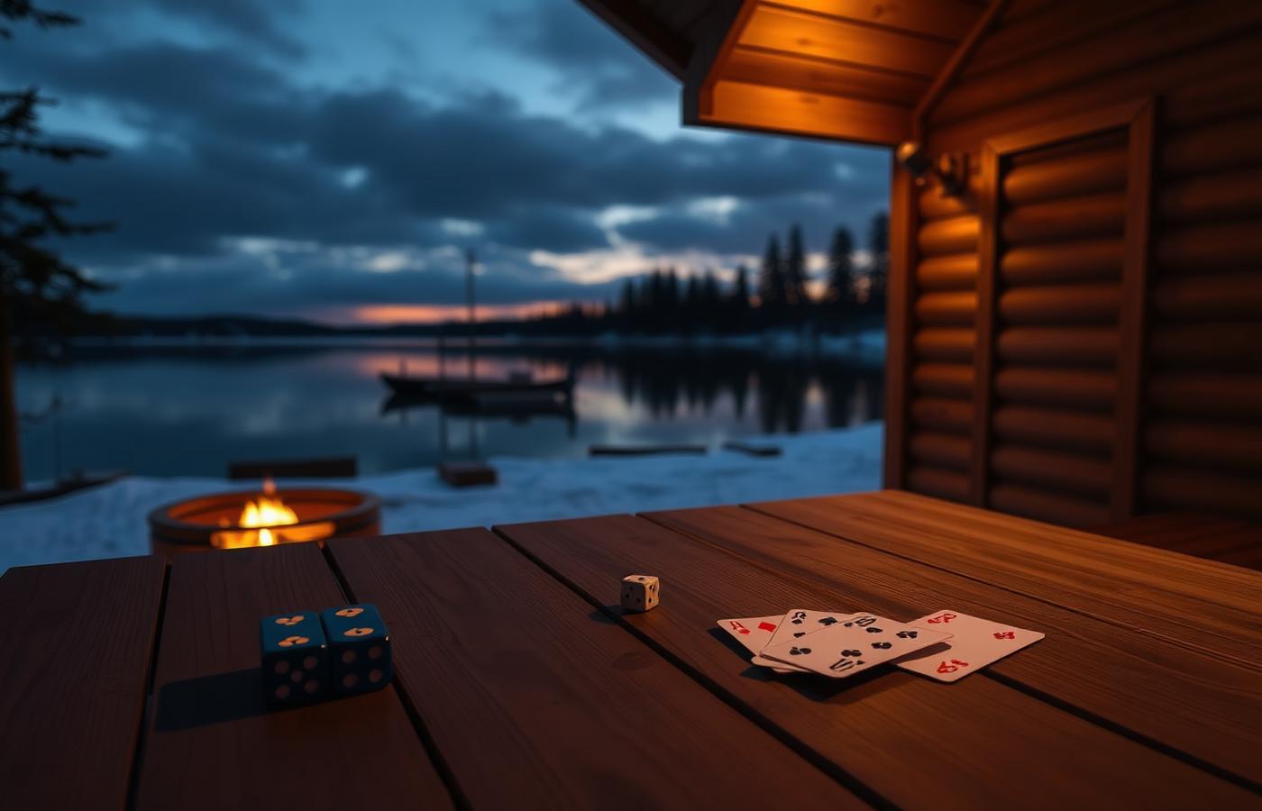 Suomalainen järvimaisema, sauna, kortit ja nopat pöydällä